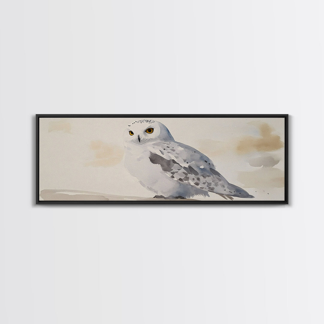 Snowy Owl In Soft Beige Sky Framed Canvas Print, Arctic Bird Wall Art, Neutral Wildlife Decor, Minimalist Nature Print Gift