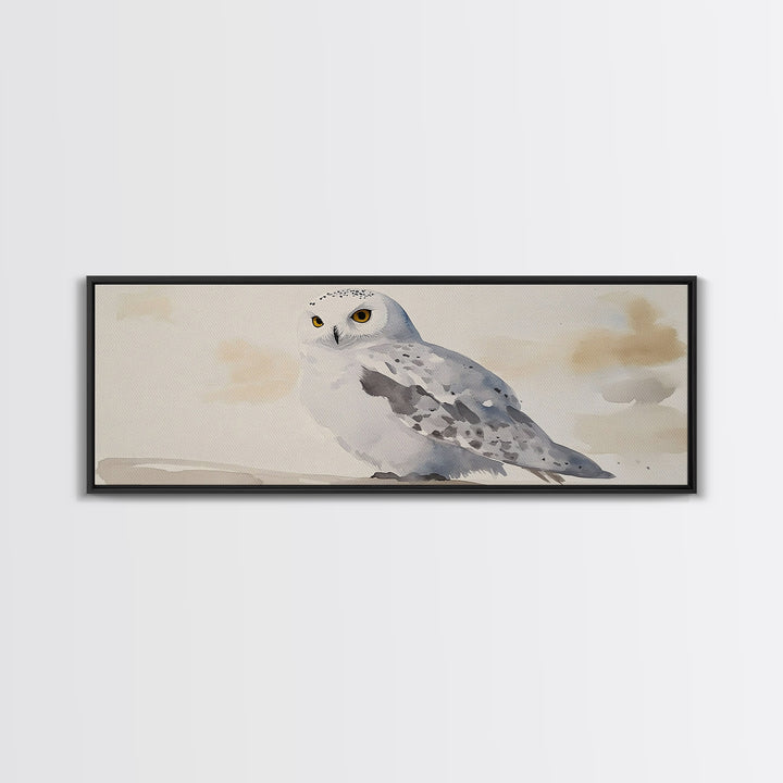 Snowy Owl In Soft Beige Sky Framed Canvas Print, Arctic Bird Wall Art, Neutral Wildlife Decor, Minimalist Nature Print Gift