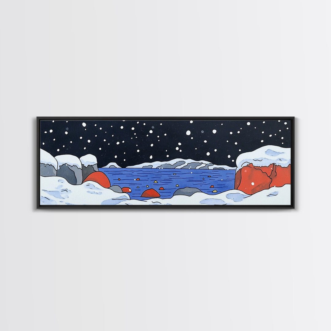 Snowy Arctic Cove With Red Rocks Wall Art, Winter Seascape Canvas Print, Coastal Landscape Decor, Ocean Art Print Home Decor