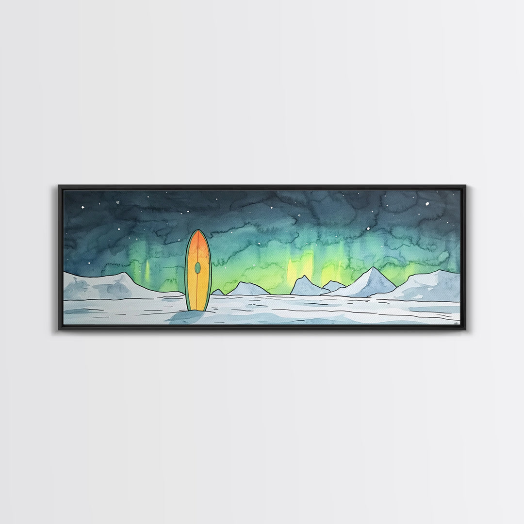 Aurora Surfboard Arctic Mountains Wall Art, Panoramic Canvas Print, Coastal Cabin Decor, Winter Landscape Gift For Beach House