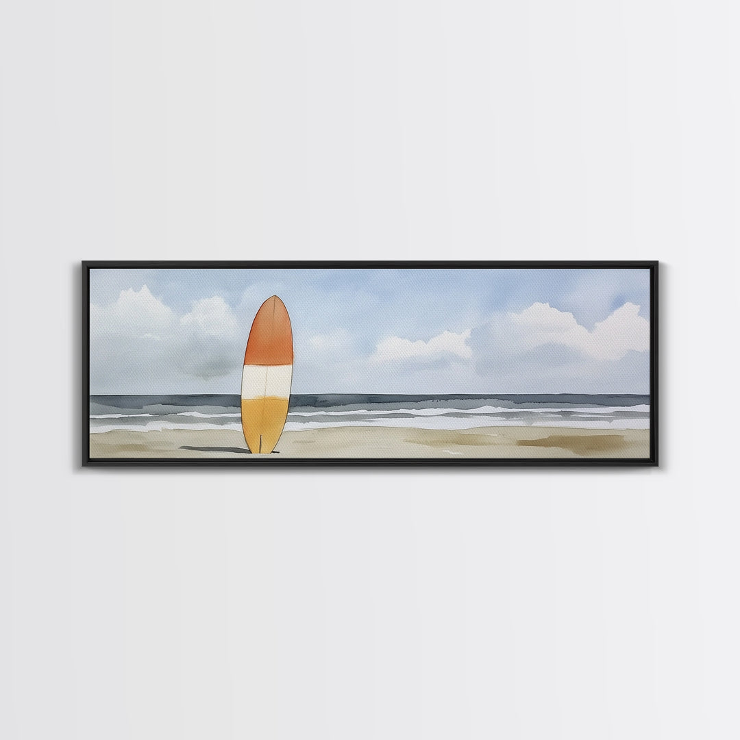 Orange Surfboard On Misty Beach Wall Art, Framed Canvas Print, Coastal Wall Decor, Surf Poster For Beach House Decor Living Room Art