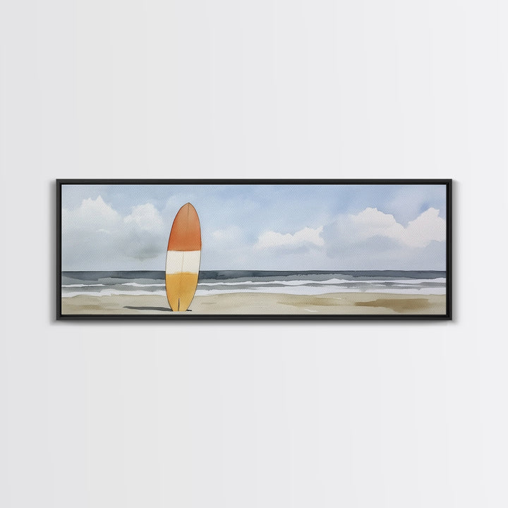 Orange Surfboard On Misty Beach Wall Art, Framed Canvas Print, Coastal Wall Decor, Surf Poster For Beach House Decor Living Room Art