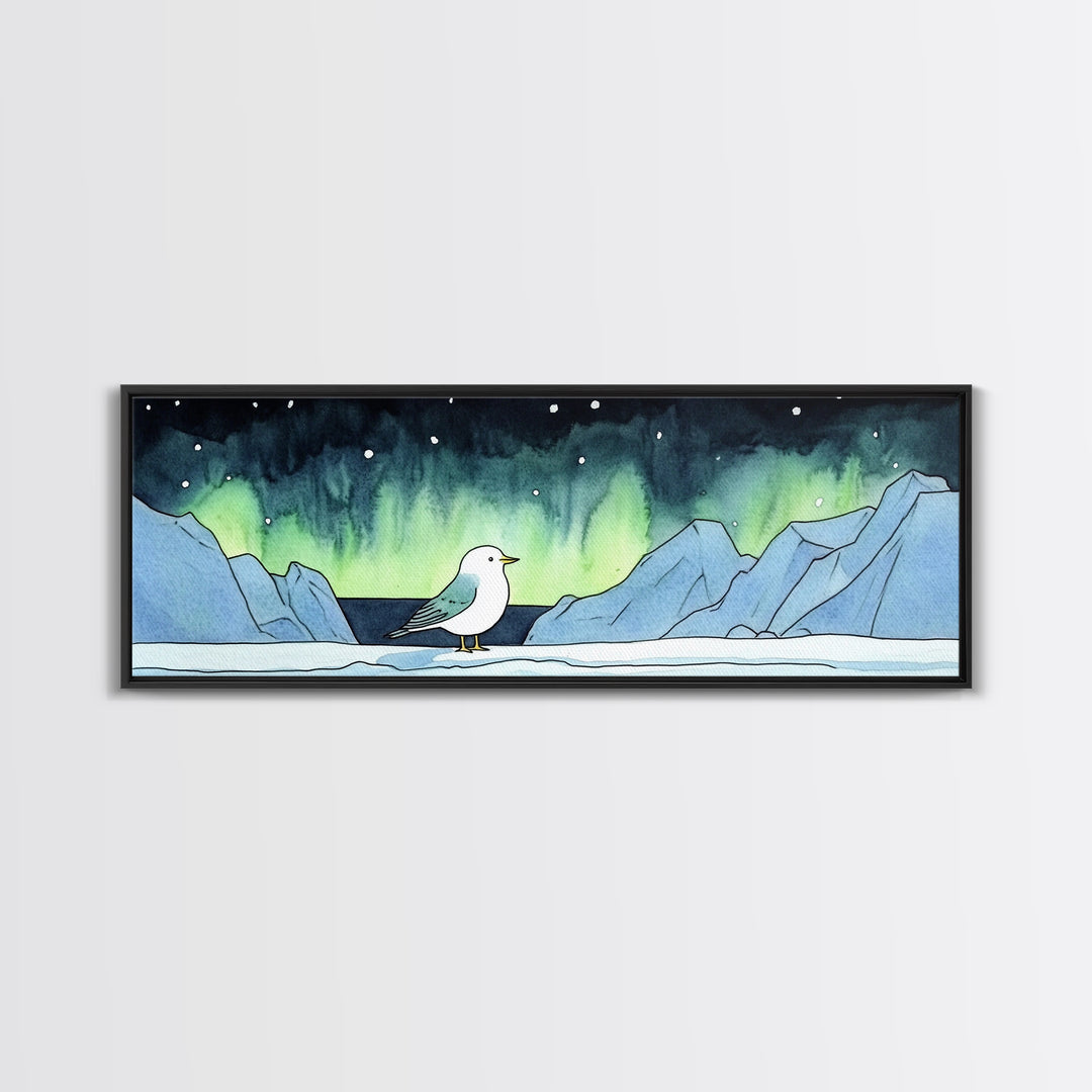 Seagull Under Aurora Mountains Wall Art, Panoramic Canvas Print, Coastal Bird Art, Nautical Nursery Decor, Ocean Gift For Her
