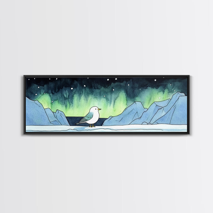 Seagull Under Aurora Mountains Wall Art, Panoramic Canvas Print, Coastal Bird Art, Nautical Nursery Decor, Ocean Gift For Her