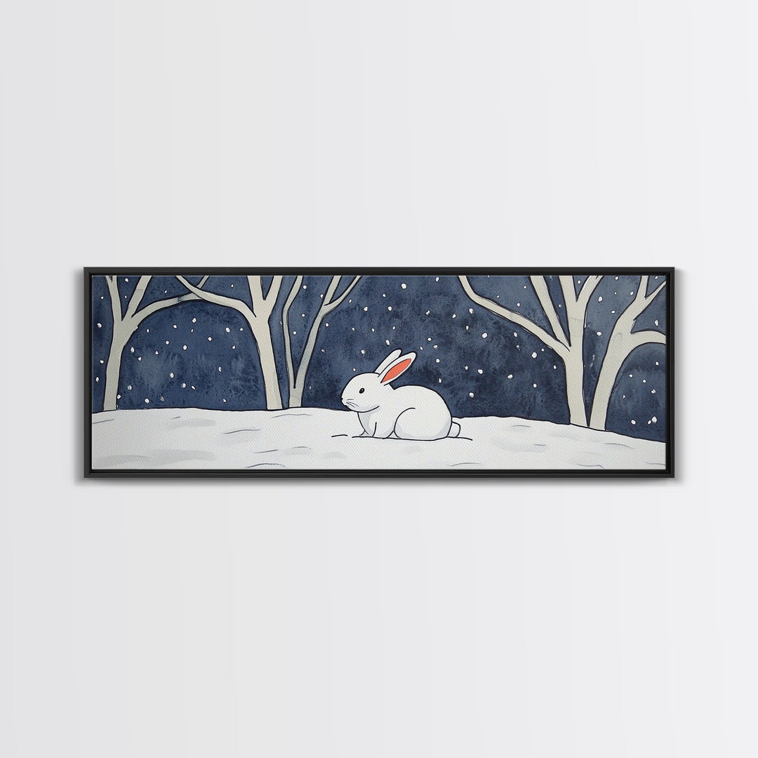 White Rabbit In Snowy Forest Wall Art, Framed Canvas Print, Woodland Nursery Decor, Whimsical Animal Art For Kids Room Gift