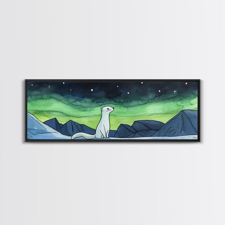 White Arctic Ermine Aurora Mountains Wall Art, Panoramic Canvas Print, Wildlife Wall Decor, Winter Nursery Art For Kids Room