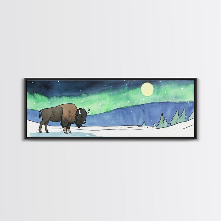 Snowy Bison Under Aurora Moon Wall Art, Wildlife Framed Canvas Print, Rustic Lodge Decor, Winter Landscape Art, Cabin Gift