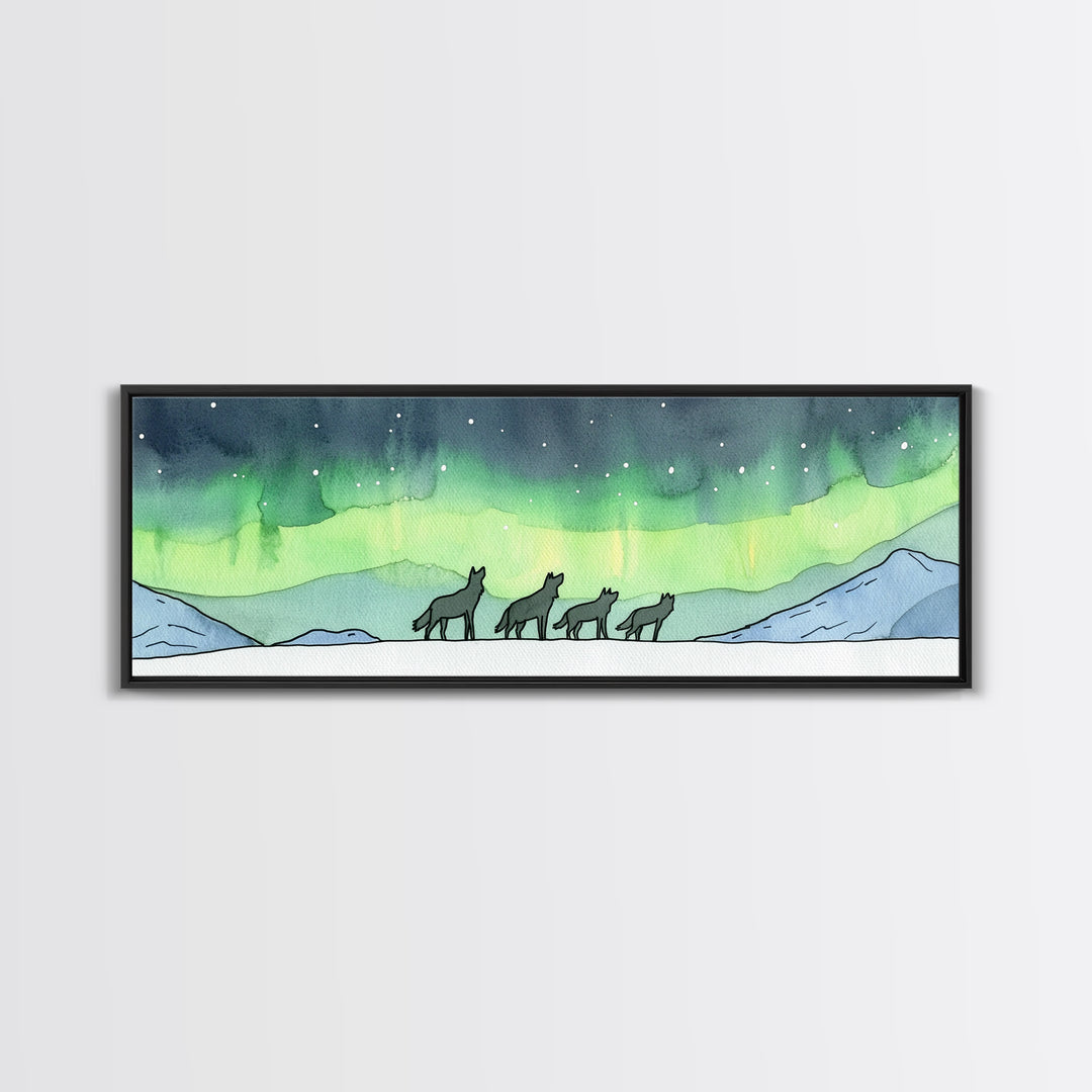 Howling Wolves Beneath Northern Lights Wall Art, Wildlife Canvas Print, Winter Mountain Decor, Aurora Landscape Print, Cabin Art