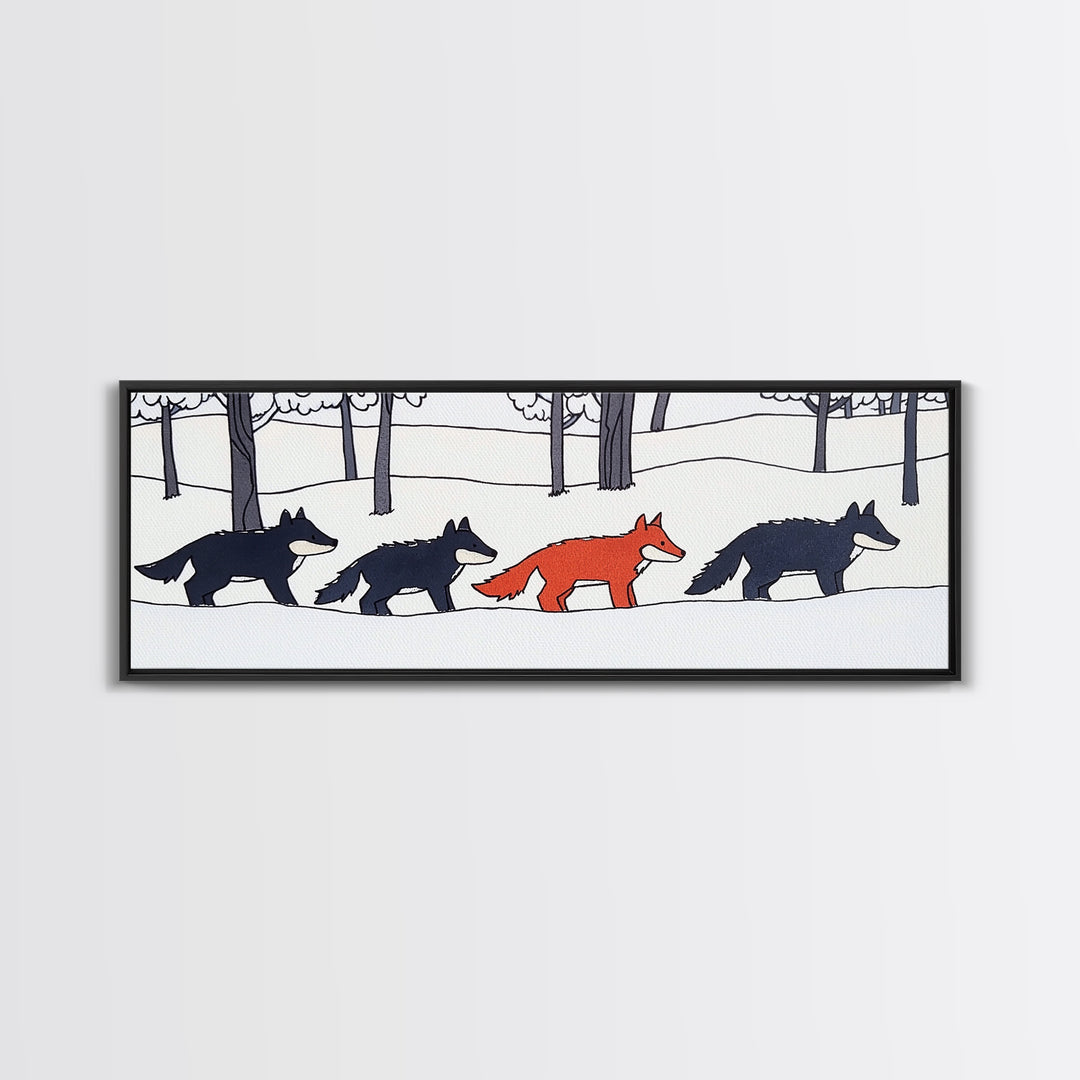 Red Fox Walking With Black Wolves Wall Art, Woodland Animal Canvas Print, Snowy Forest Nursery Decor, Whimsical Wildlife Art