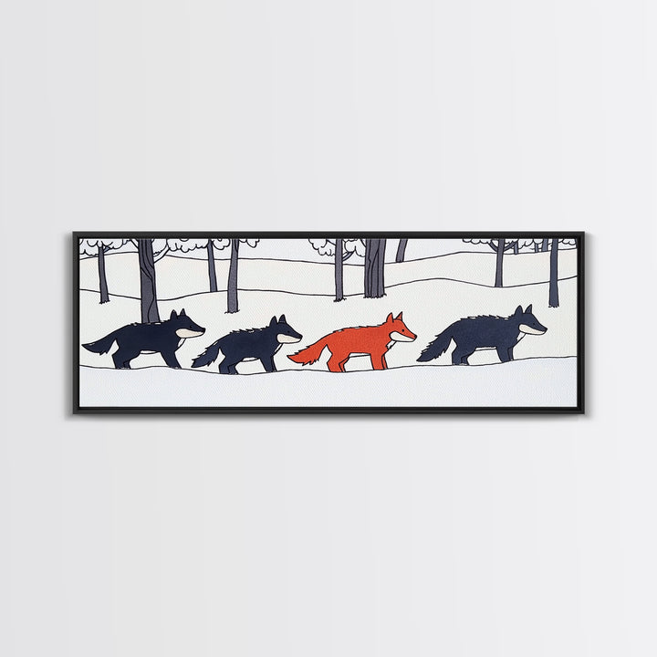 Red Fox Walking With Black Wolves Wall Art, Woodland Animal Canvas Print, Snowy Forest Nursery Decor, Whimsical Wildlife Art