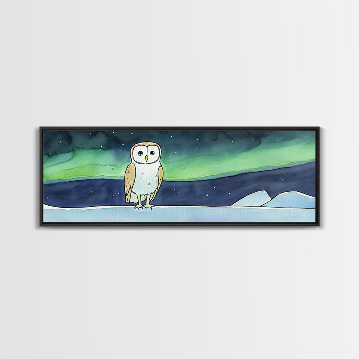 Whimsical Barn Owl Under Aurora Wall Art, Arctic Night Canvas Print, Nursery Decor, Celestial Kids Room Gift, Bedroom Decor