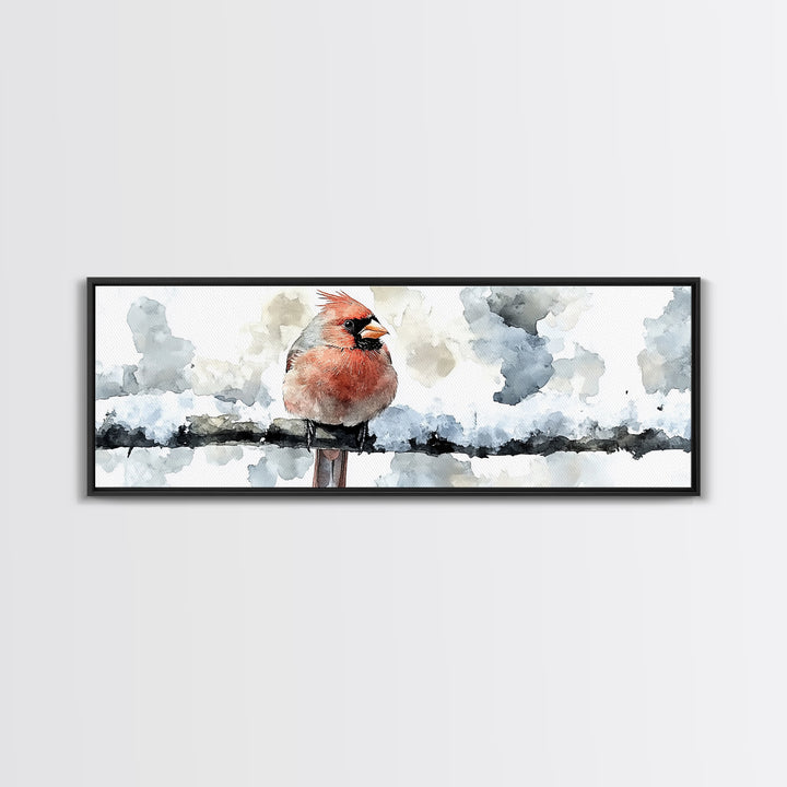 Snowy Red Cardinal On Fence Framed Canvas Print, Winter Bird Wall Art, Rustic Farmhouse Home Decor, Christmas Gift For Her