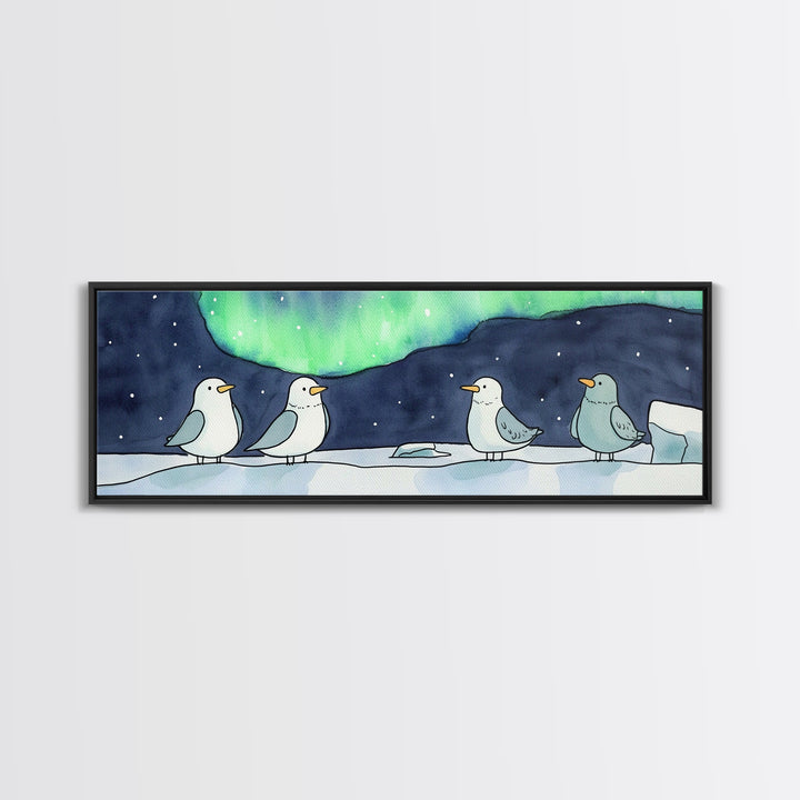 Penguins Under Northern Lights Canvas Print, Arctic Bird Wall Art, Winter Nursery Decor, Celestial Christmas Gift For Her