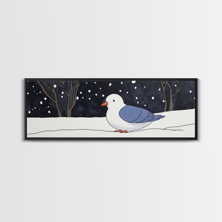 Snowy White Bird In Winter Forest Wall Art, Cozy Nursery Decor, Scandinavian Nature Print, Minimalist Bedroom Poster Gift