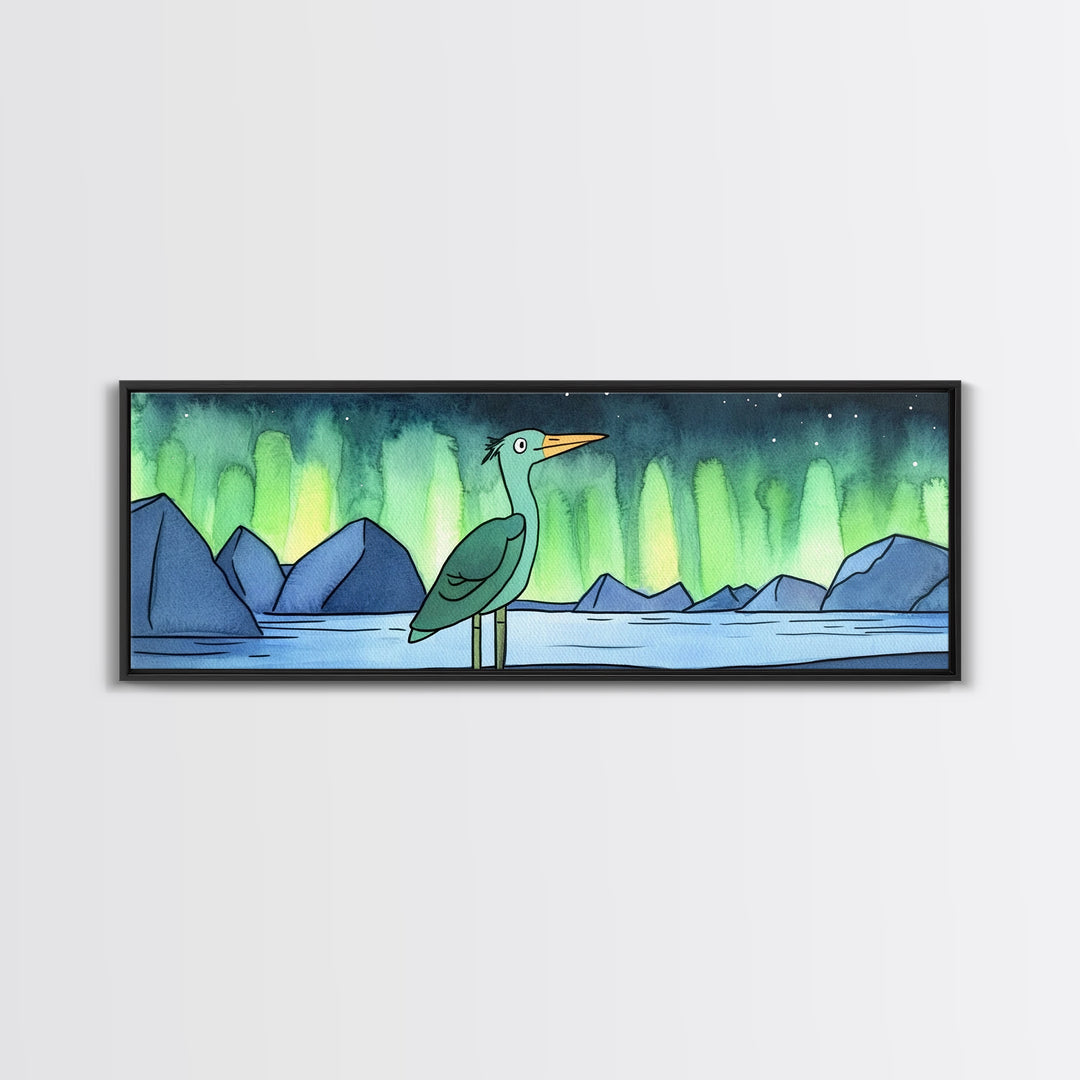 Green Heron Beneath Northern Lights Canvas Print, Arctic Lake Landscape Wall Decor, Japandi Bird Art, Modern Nursery Gift