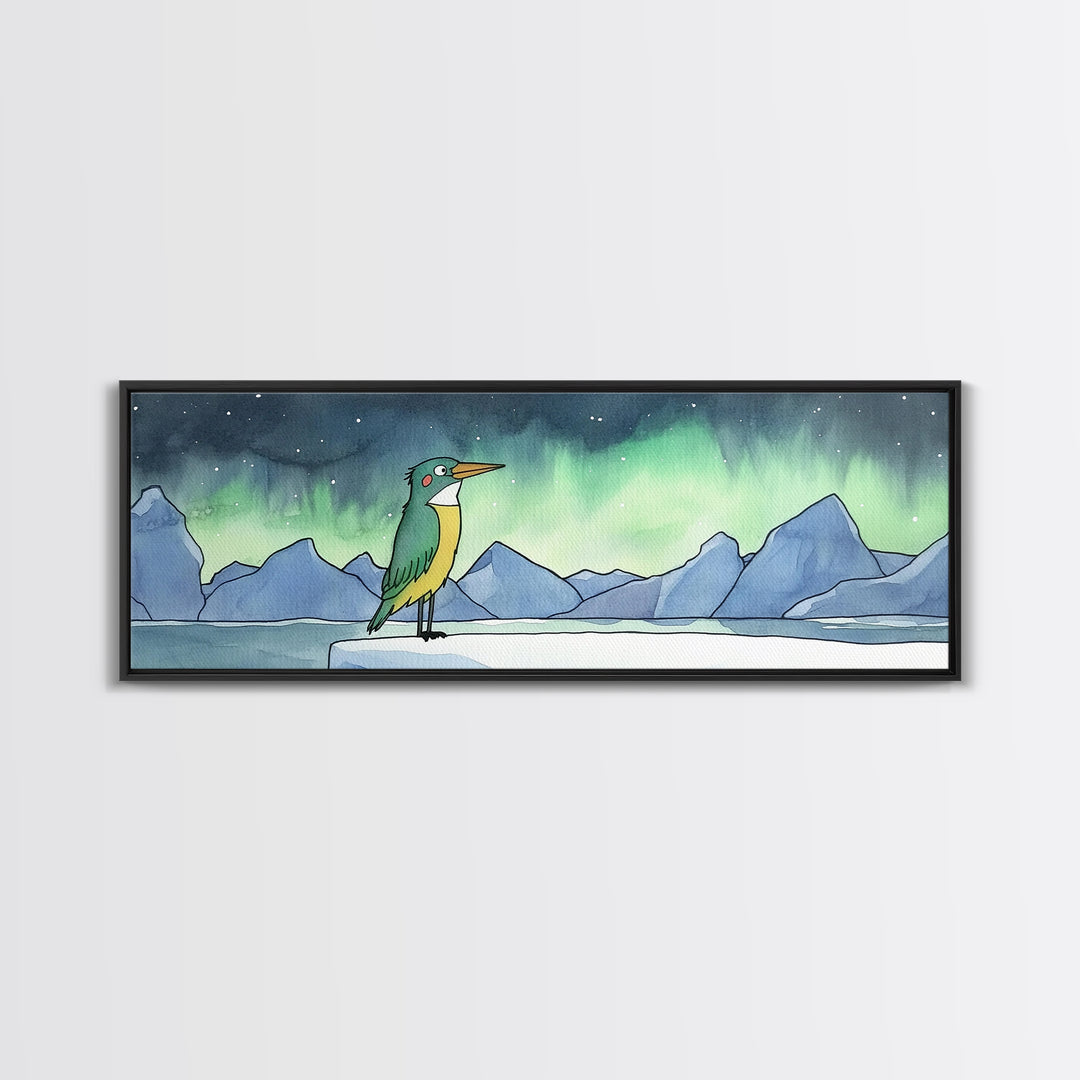 Green Kingfisher Under Northern Lights Wall Art, Arctic Bird Canvas Print, Wildlife Nursery Decor, Mountain Lake Art Print