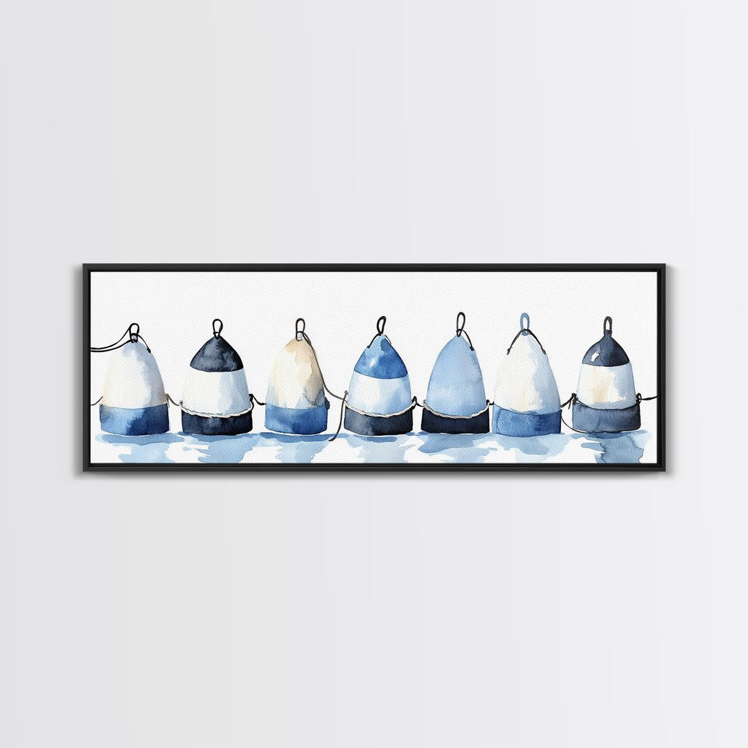 Blue And White Fishing Buoys Wall Art, Nautical Canvas Print, Coastal Bathroom Decor, Beach House Gallery Print, Ocean Wall Decor