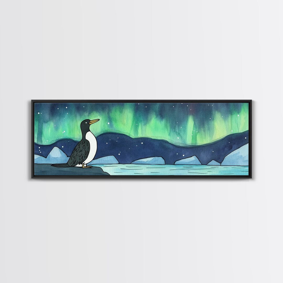 Penguin Under Northern Lights Wall Art, Arctic Bird Canvas Print, Whimsical Nursery Decor, Winter Ocean Landscape Art Print