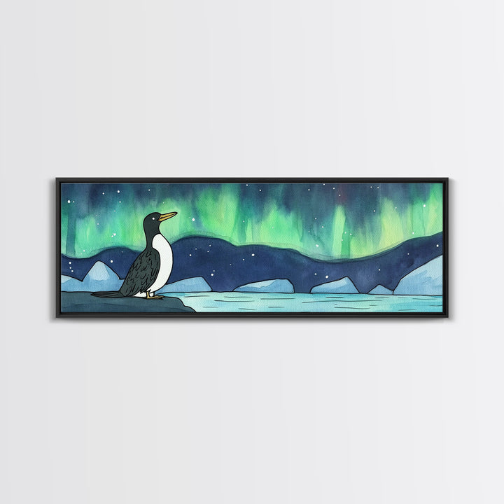 Penguin Under Northern Lights Wall Art, Arctic Bird Canvas Print, Whimsical Nursery Decor, Winter Ocean Landscape Art Print