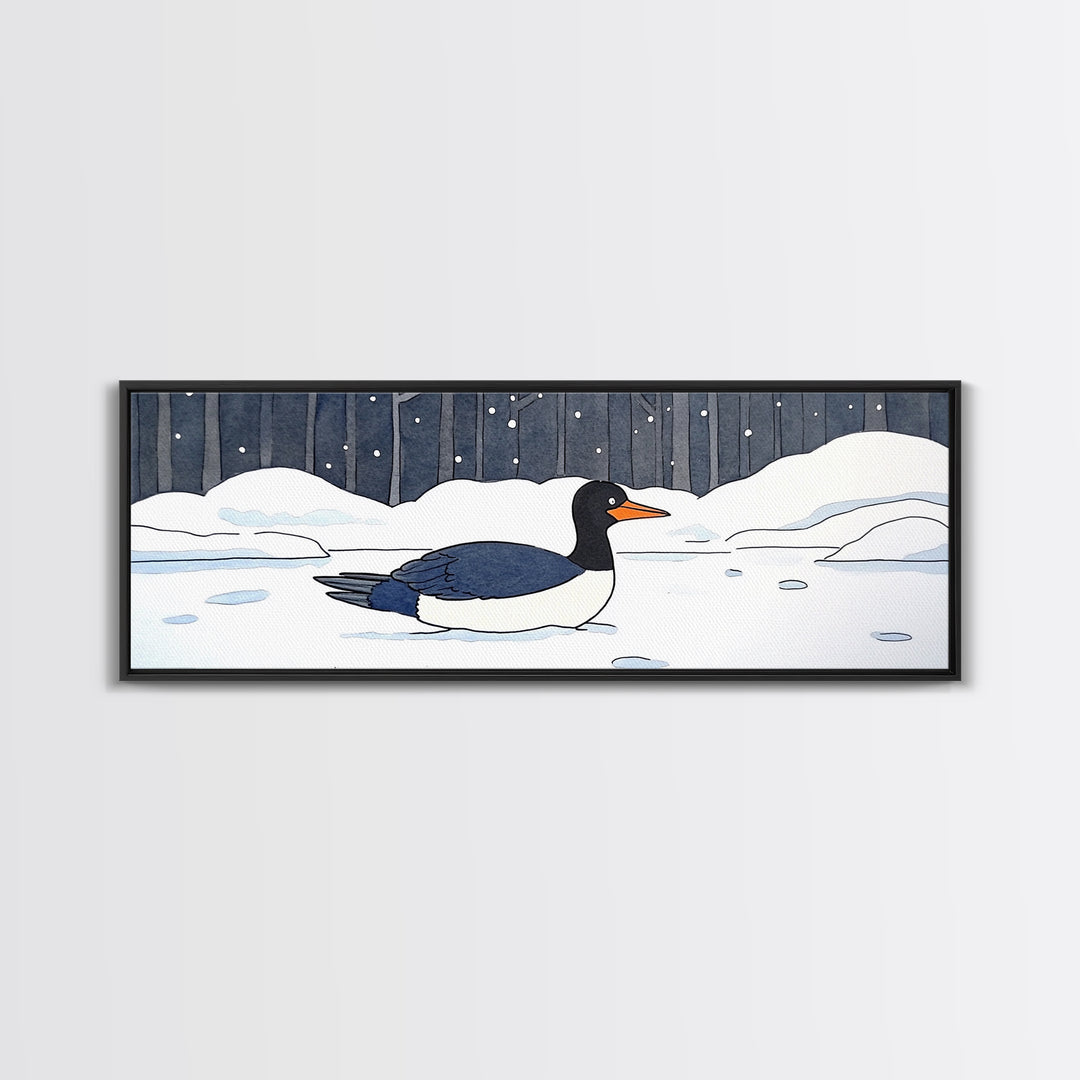 Black And White Duck In Snow Wall Art, Winter Bird Canvas Print, Minimalist Nursery Decor, Cozy Lake House Wildlife Art Print