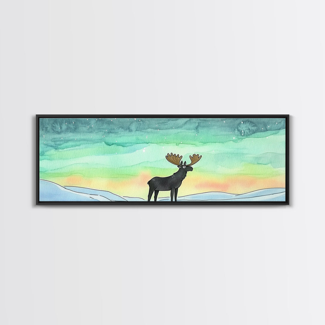 Moose Beneath Northern Lights Framed Canvas Print, Aurora Borealis Wall Art, Winter Wildlife Decor, Cabin Nursery Art Gift