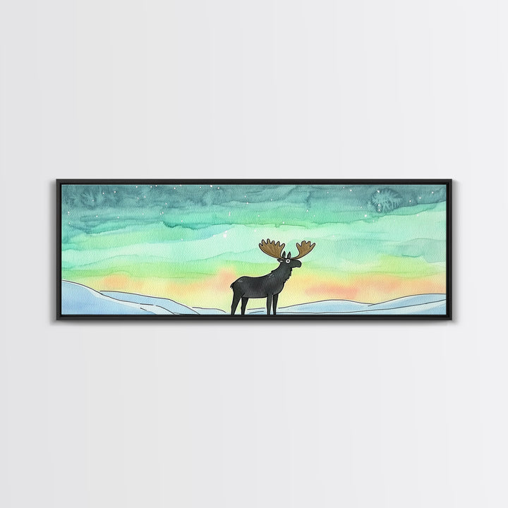 Moose Beneath Northern Lights Framed Canvas Print, Aurora Borealis Wall Art, Winter Wildlife Decor, Cabin Nursery Art Gift