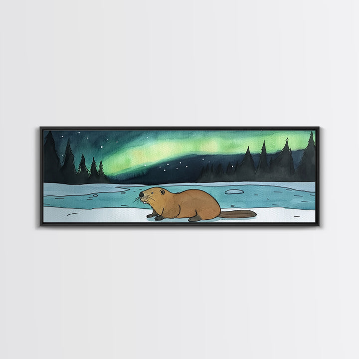 Beaver Beside Frozen Lake Wall Art, Northern Lights Canvas Print, Aurora Borealis Wildlife Decor, Kids Cabin Nursery Room Art