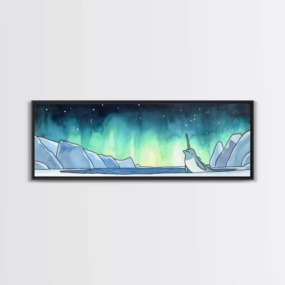 Narwhal In Icy Arctic Waters Wall Art, Northern Lights Ocean Print, Whimsical Nursery Decor, Coastal Kids Room Art Gift