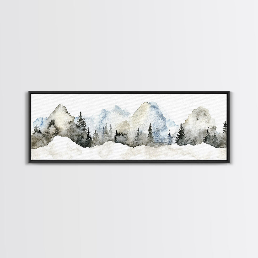Misty Blue Mountains With Evergreen Pines Wall Art, Watercolor Landscape Print, Neutral Nature Decor, Japandi Bedroom Art