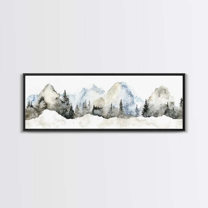 Misty Blue Mountains With Evergreen Pines Wall Art, Watercolor Landscape Print, Neutral Nature Decor, Japandi Bedroom Art