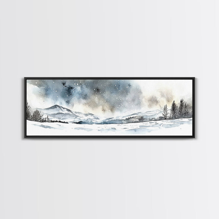 Snowy Mountain Valley Beneath Starry Sky Wall Art, Winter Landscape Painting, Rustic Nature Decor, Cabin Wall Decor Gift