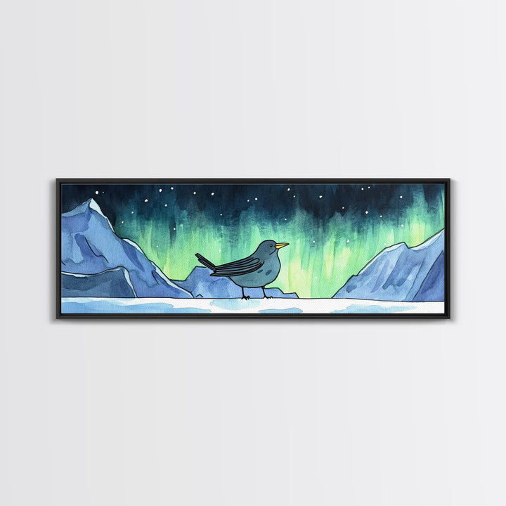 Aurora Bird On Snowy Arctic Mountains Canvas Print, Northern Lights Wall Art, Whimsical Animal Nursery Decor, Winter Gift