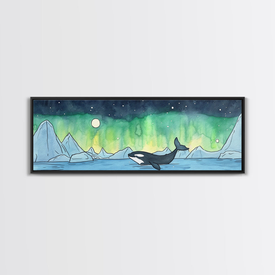 Orca Whale Under Northern Lights Wall Art, Arctic Seascape Canvas Print, Ocean Animal Art, Nautical Nursery Decor Gift Idea