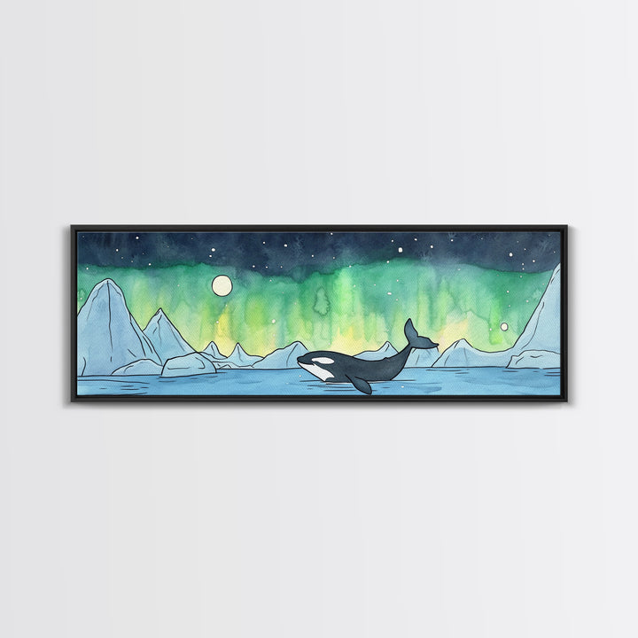 Orca Whale Under Northern Lights Wall Art, Arctic Seascape Canvas Print, Ocean Animal Art, Nautical Nursery Decor Gift Idea