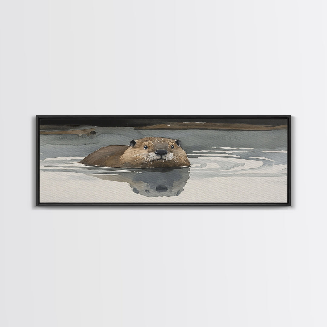 Swimming Otter In Moody Water Wall Art, Wildlife Canvas Print, Cozy Cabin Rustic Lake House Decor, Animal Lover Gift For Her
