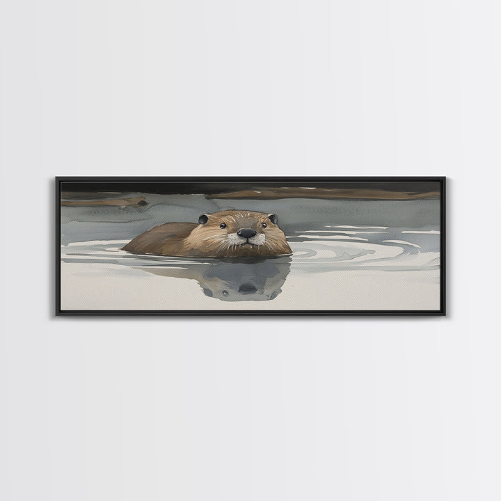 Swimming Otter In Moody Water Wall Art, Wildlife Canvas Print, Cozy Cabin Rustic Lake House Decor, Animal Lover Gift For Her