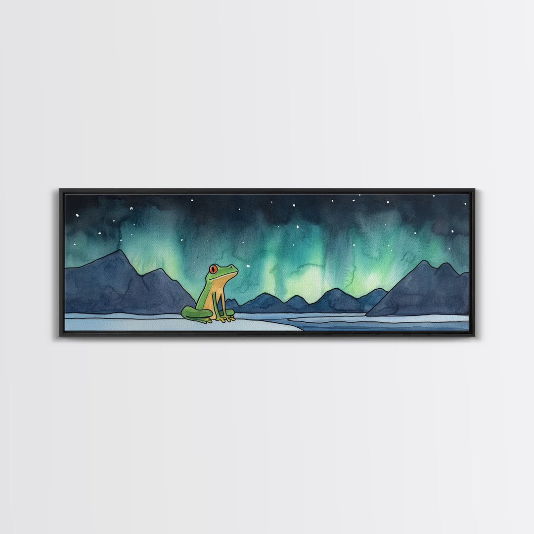 Green Frog Under Northern Lights Wall Art, Whimsical Animal Print, Mountain Lake Nursery Decor, Kids Room Wall Decor Gift