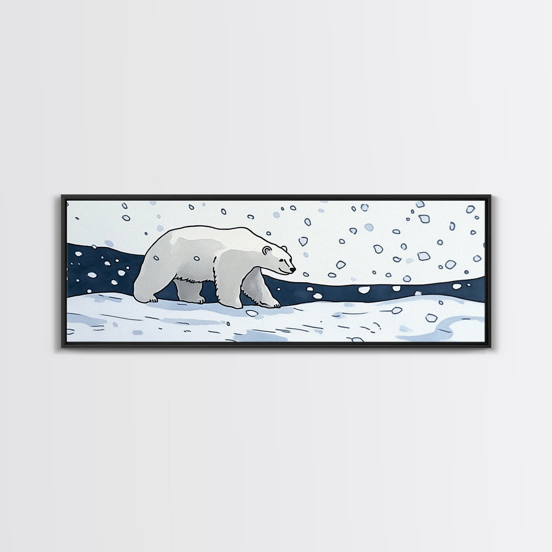 Polar Bear Walking In Falling Snow Canvas Print, Arctic Animal Wall Art, Winter Nursery Decor, Kids Room Wall Decor, Cabin Gift For Her