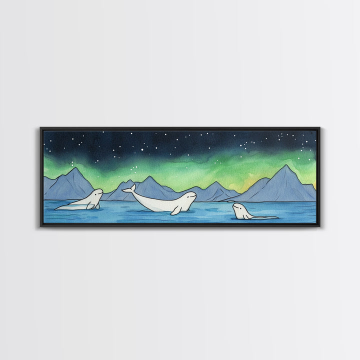 Beluga Whales Under Northern Lights Wall Art, Arctic Ocean Canvas Print, Wildlife Nursery Decor, Coastal Kids Room Art Print
