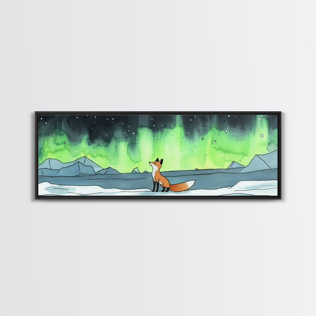 Fox Watching Northern Lights Wall Art, Arctic Wildlife Canvas Print, Woodland Animal Nursery Decor, Winter Landscape Print