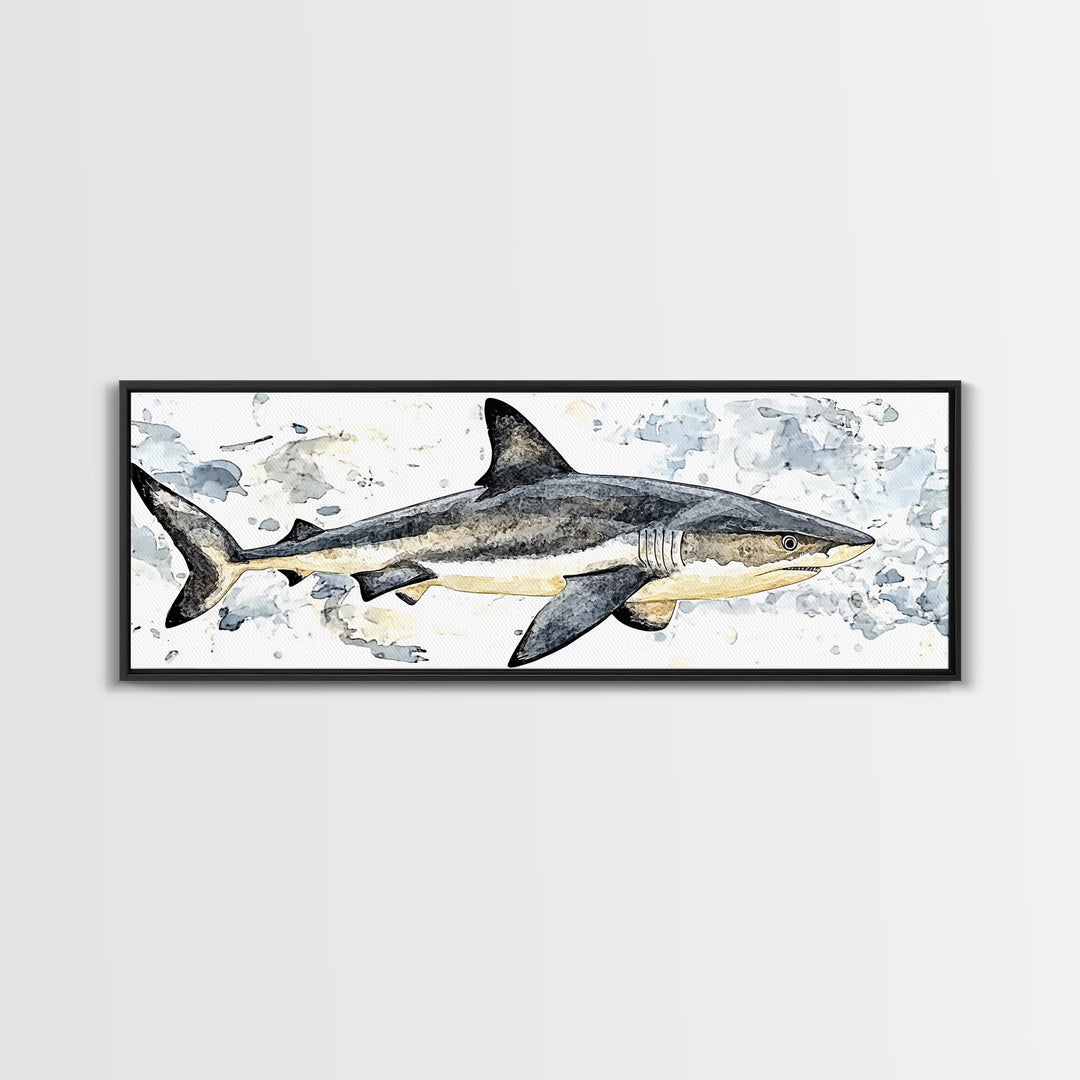 Great White Shark Watercolor Canvas Print, Ocean Wildlife Wall Art, Nautical Bathroom Decor, Coastal Kids Room Art Print