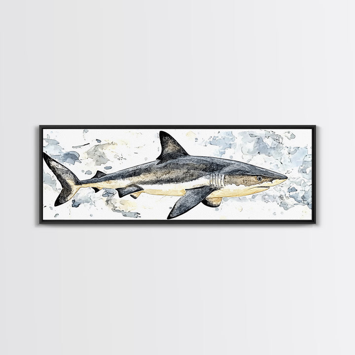 Great White Shark Watercolor Canvas Print, Ocean Wildlife Wall Art, Nautical Bathroom Decor, Coastal Kids Room Art Print