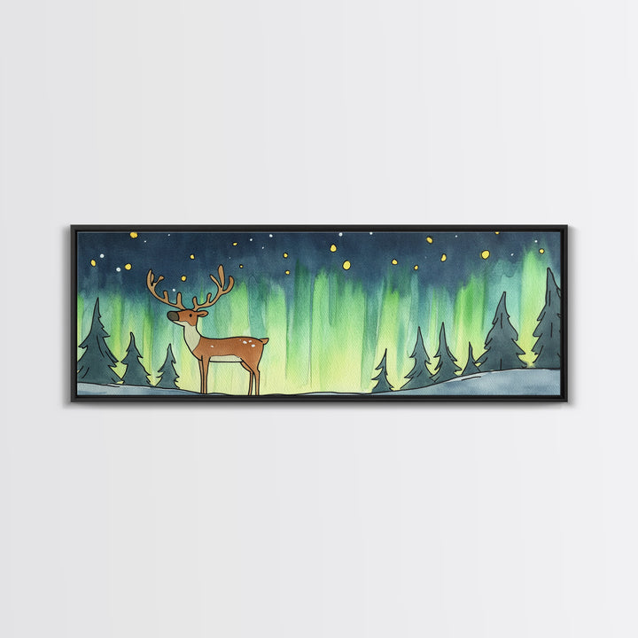 Deer Under Northern Lights Wall Art, Winter Forest Canvas Print, Rustic Wildlife Decor, Woodland Nursery Art Print, Cabin Wall Decor