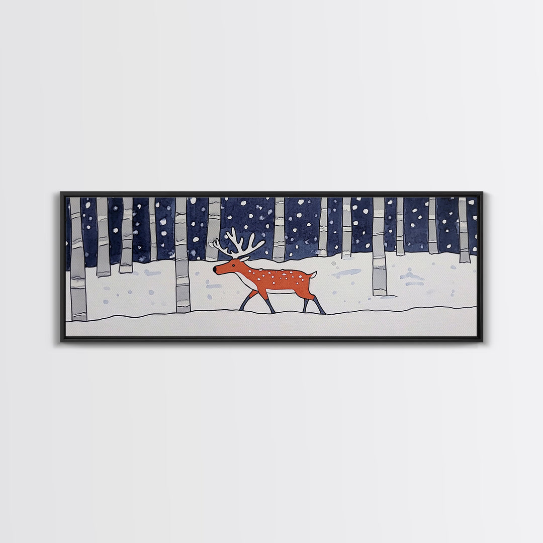 Snowy Birch Forest Reindeer Wall Art, Whimsical Woodland Animal Print, Winter Nursery Decor, Rustic Cabin Home Decor Gift
