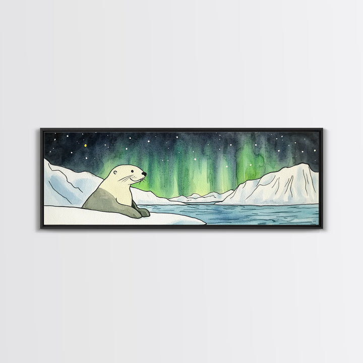 Polar Bear Northern Lights Wall Art, Arctic Wildlife Print, Winter Landscape Decor, Coastal Ocean Nursery Wall Decor Gift
