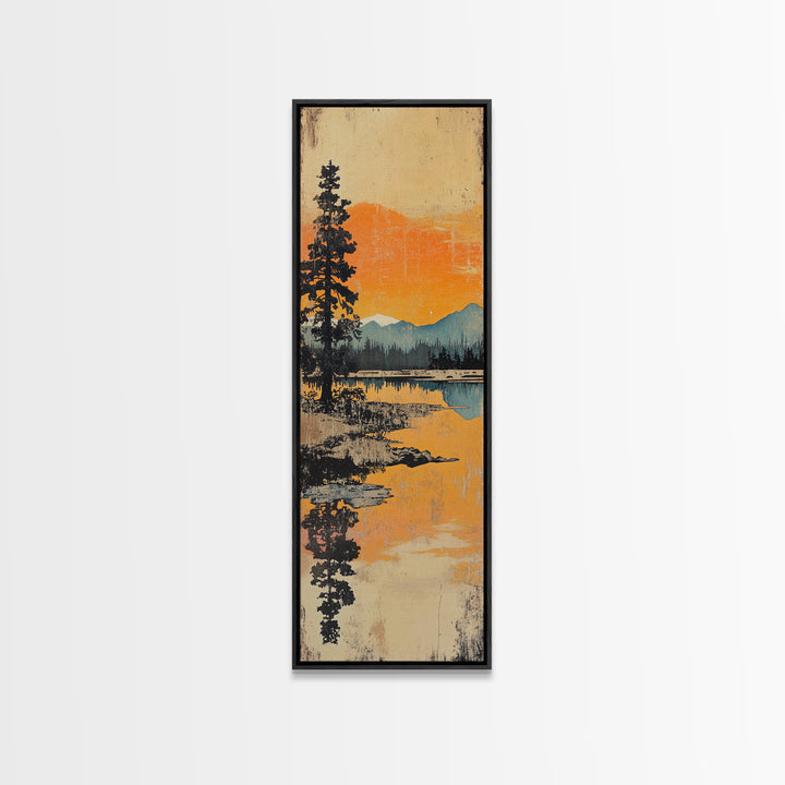 Orange Mountain Lake Reflection Canvas Print, Japanese Landscape Wall Art, Pine Forest Decor, Serene Sunset Living Room Art