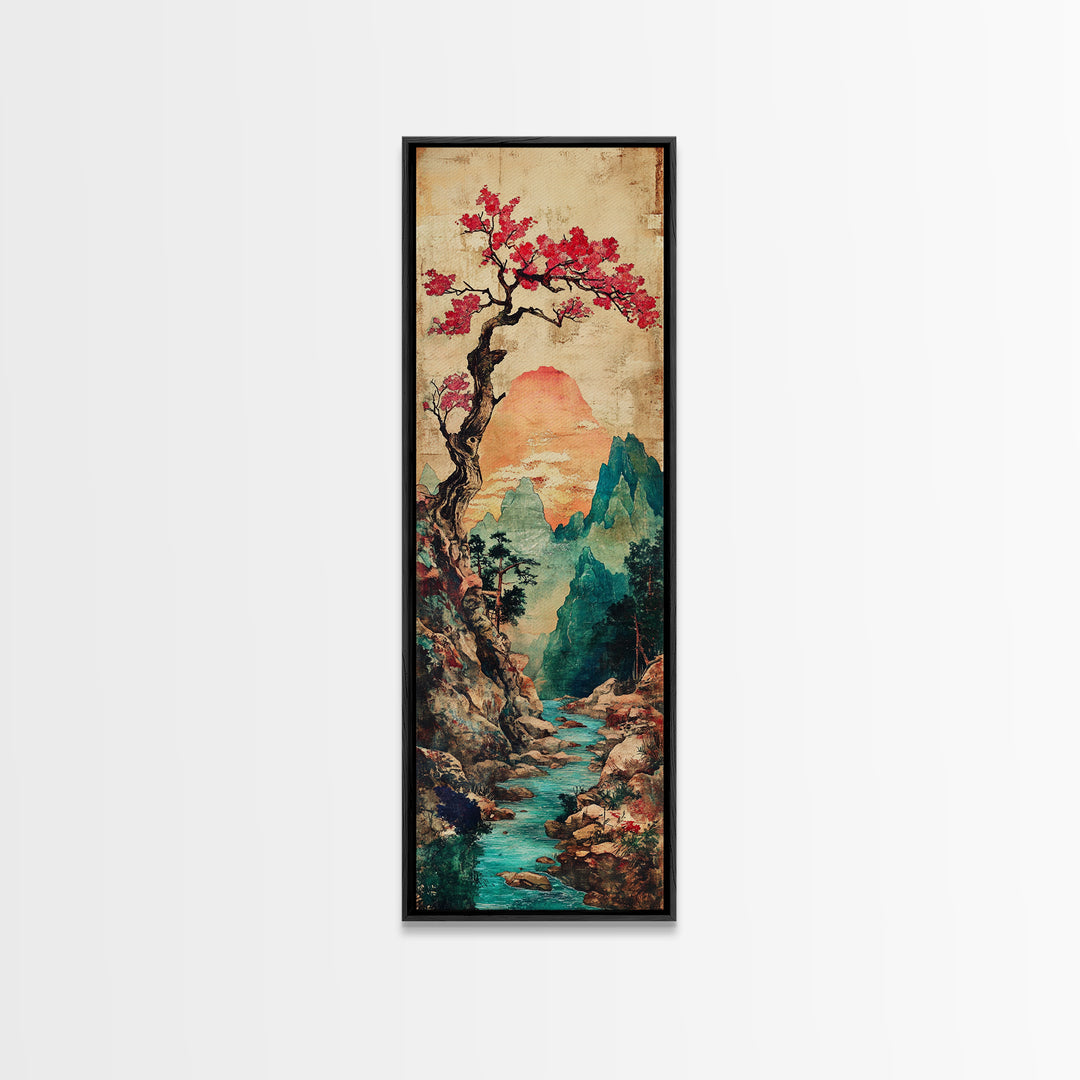 Cherry Blossom Mountain River Canvas Print, Japanese Landscape Wall Art, Teal Nature Decor, Romantic Spring Home Decor Print
