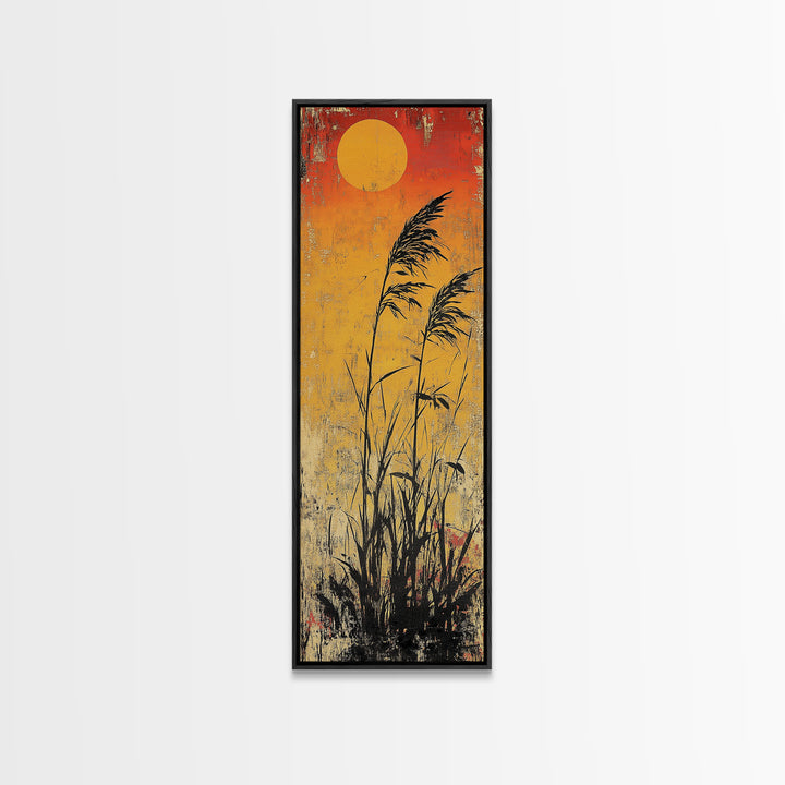 Golden Sun Reeds Silhouette Wall Art, Japanese Minimalist Print, Warm Orange Decor, Long Narrow Boho Canvas Print Home Decor