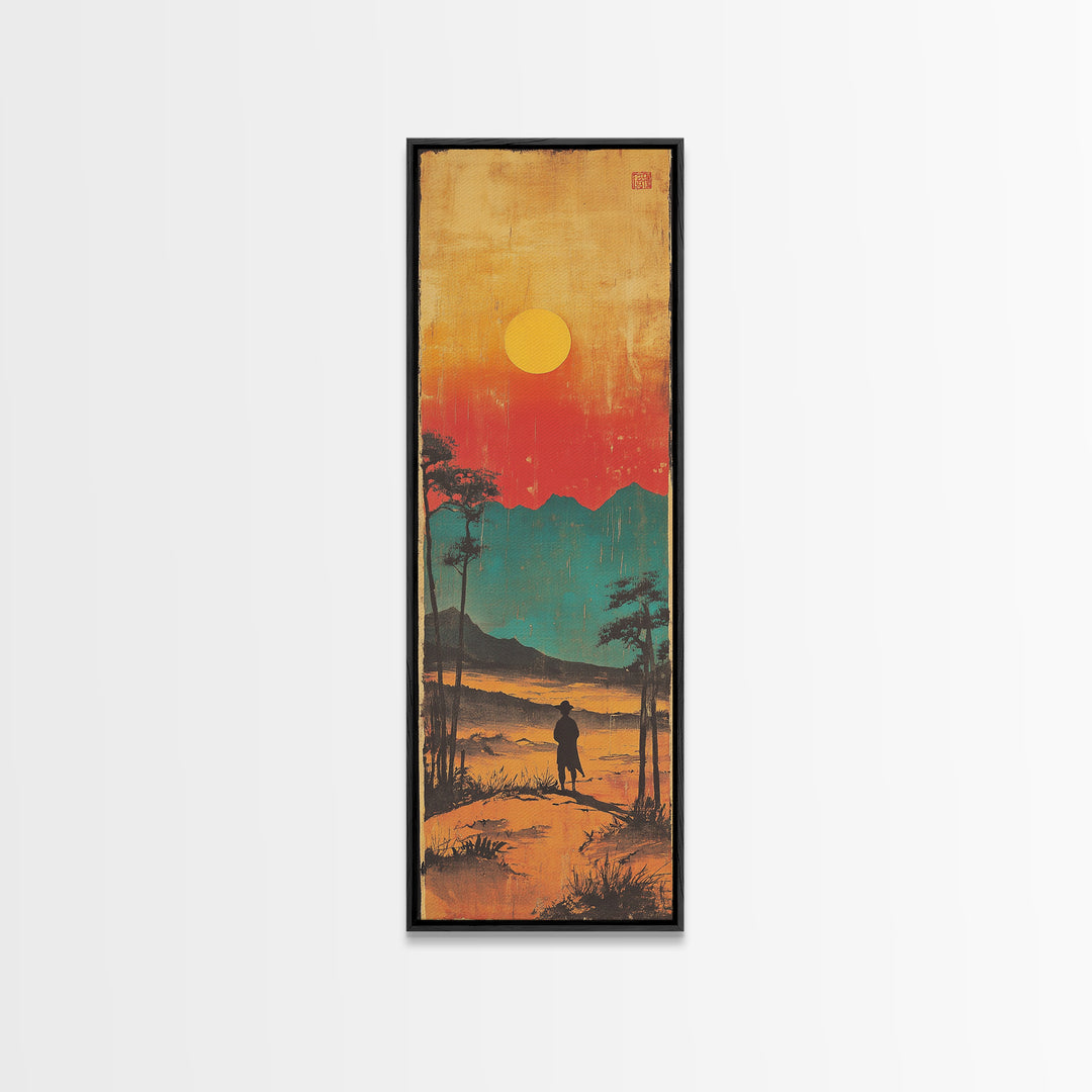 Lone Figure At Sunset Mountain Lake Framed Canvas Print, Japanese Landscape Wall Art, Moody Nature Decor, Vertical Poster