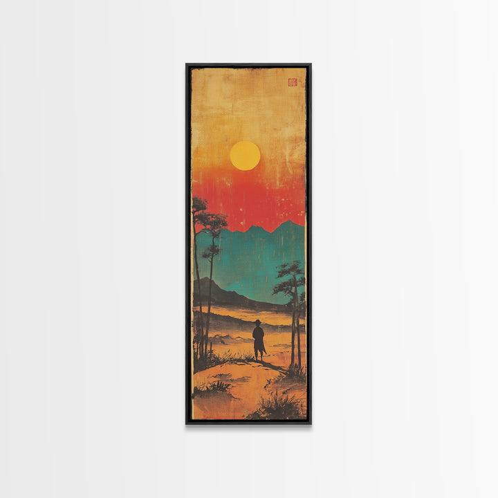 Lone Figure At Sunset Mountain Lake Framed Canvas Print, Japanese Landscape Wall Art, Moody Nature Decor, Vertical Poster
